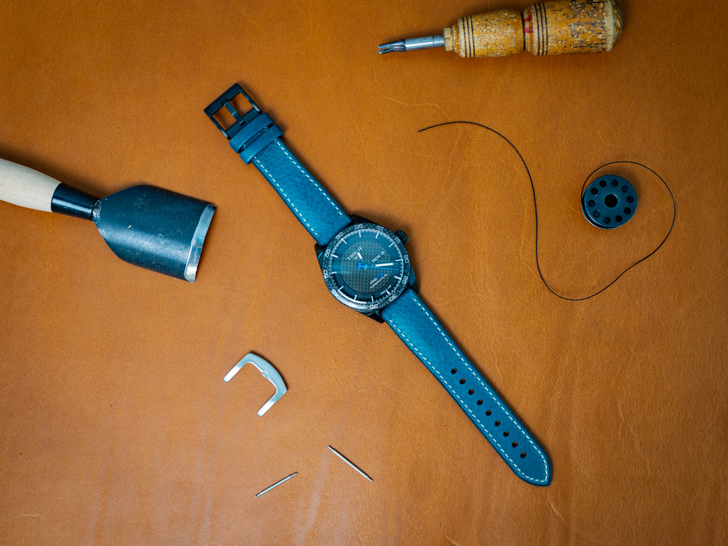 Italian Leather Watch Band with Rubber Backing - Navy