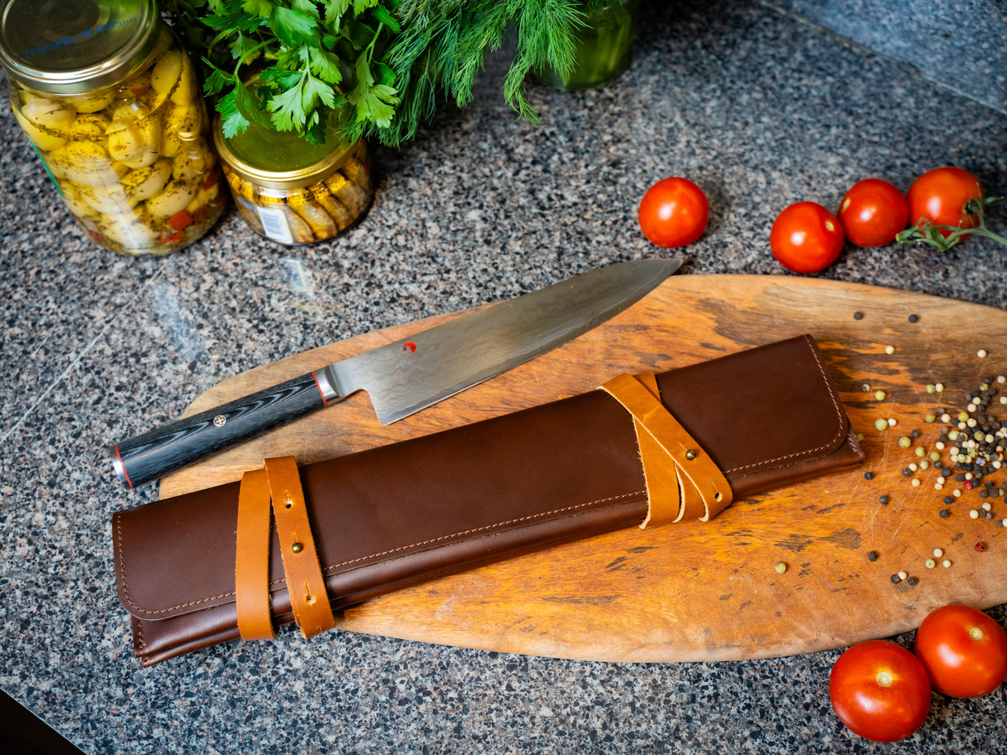 Leather Knife Case - Chestnut with Natural Straps