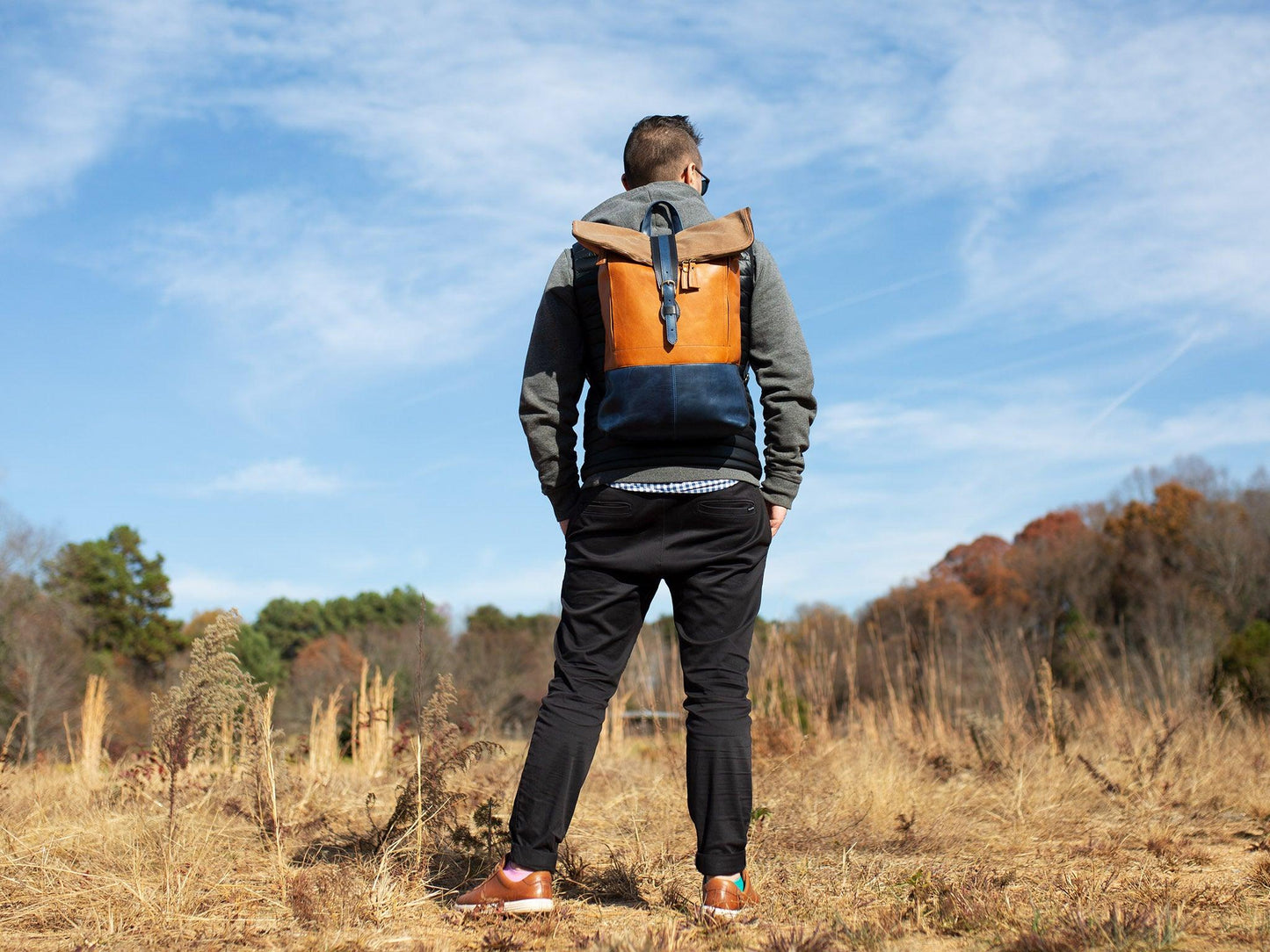 Zipper Rolltop Backpack Natural/Navy for Man Backpacks - olpr.