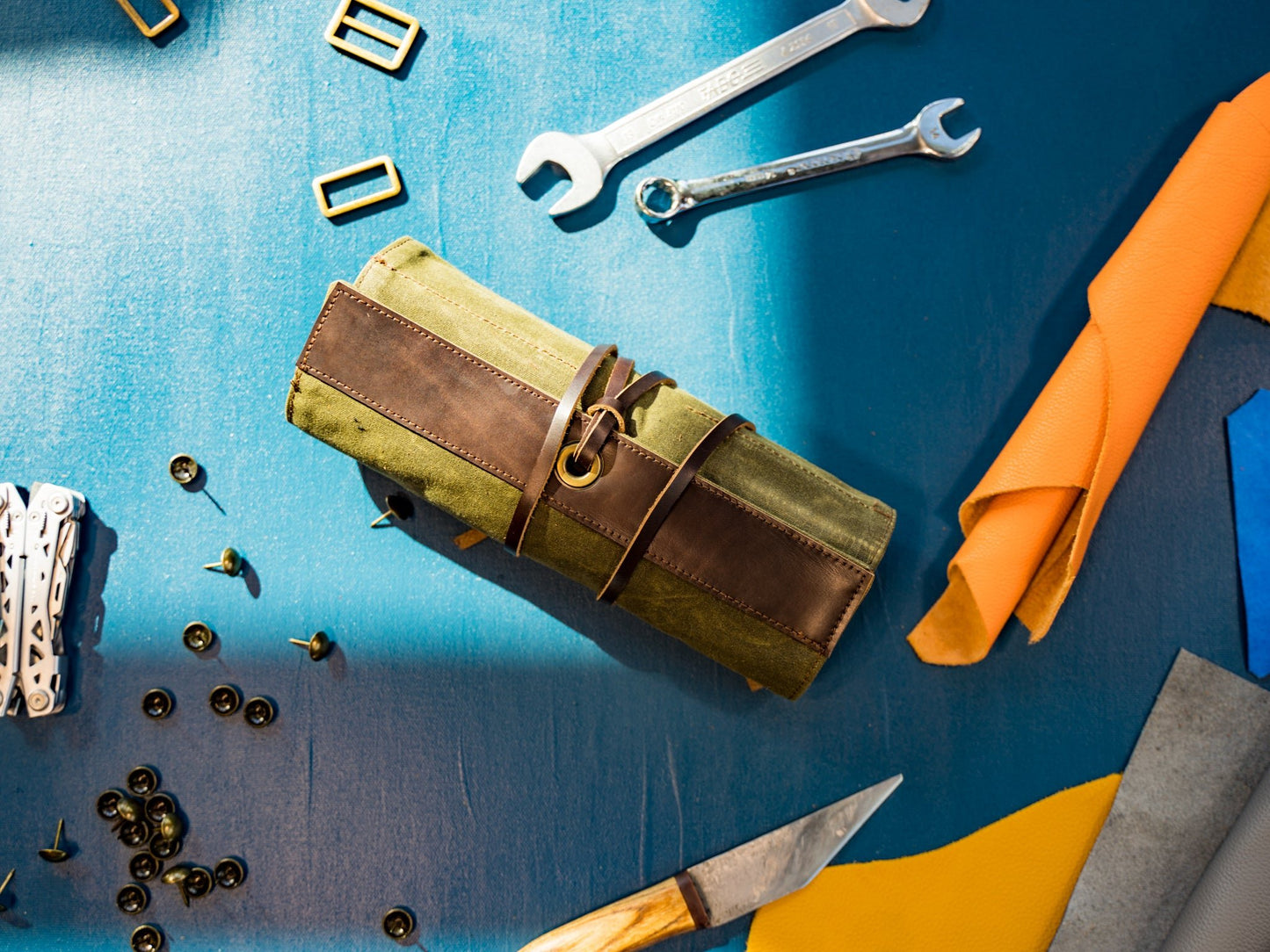 Waxed Canvas and Leather Tool Roll - Green Tool Pouch - olpr.